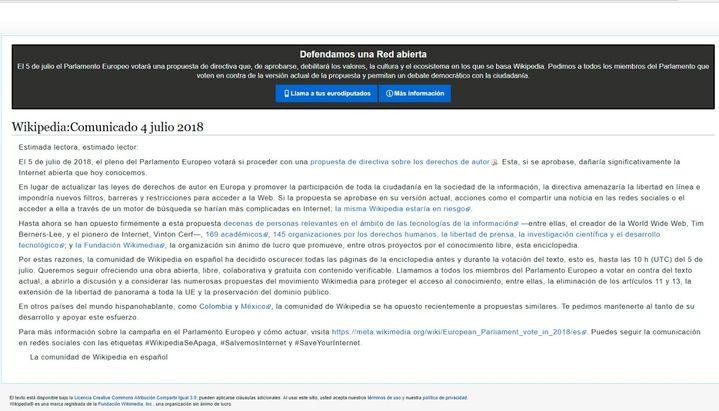 Wikipedia, comunicado 4 de julio de 2018 por la libertad de Internet y contra el Parlamento europeo