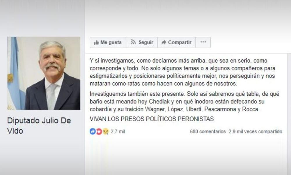 Mensaje de De Vido en Facebook - Corrupción K - Coimas