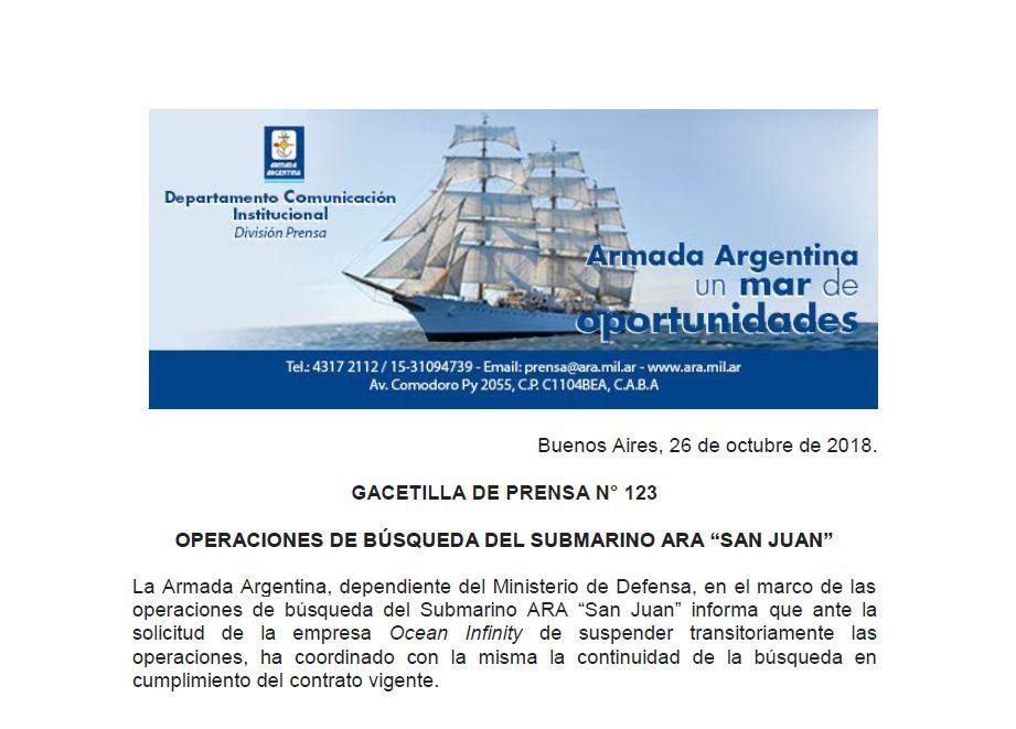 Comunicado Armada Argentina sobre Ara San Juan
