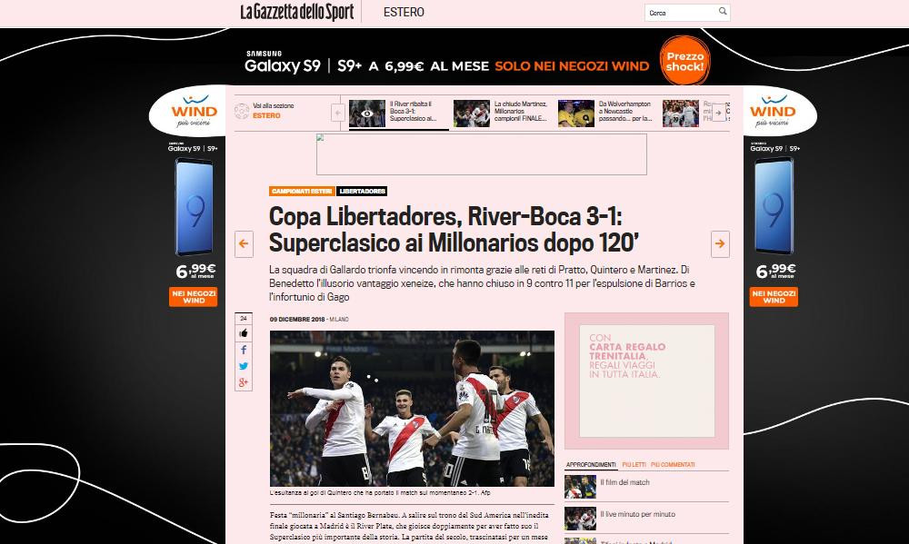 Copa Libertadores, River campeón: así lo vieron los medios del Mundo, la Gazzetta dello sport