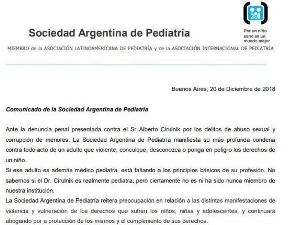 Repudio de la Sociedad Argentina de Pediatría para con Alberto Cirulnik: