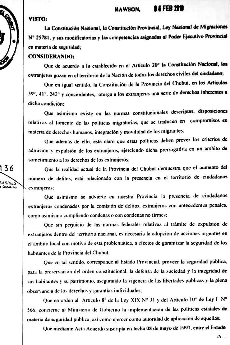 El texto del decreto de Chubut sobre extranjeros y delitos