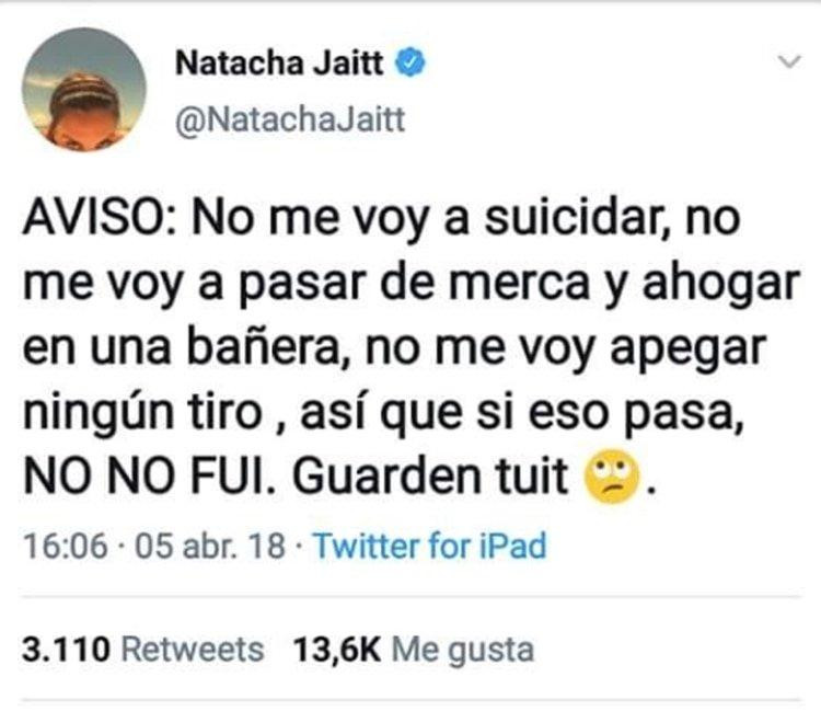 Tweet Natacha Jaitt - fallecimiento