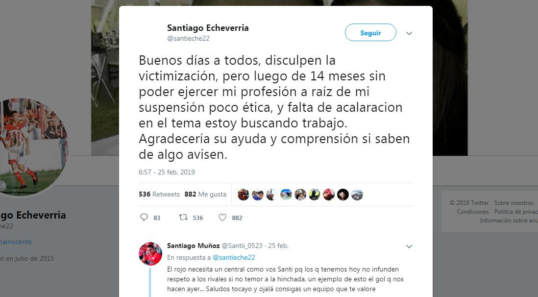 Santiago Echeverría, exjugador de Boca recibió dura sanción y busca trabajo por Twitter	
