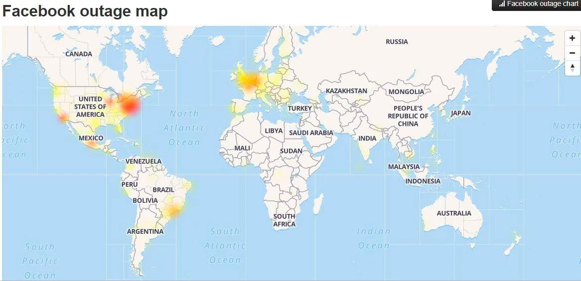 Caída de Facebook	, mapa mundial