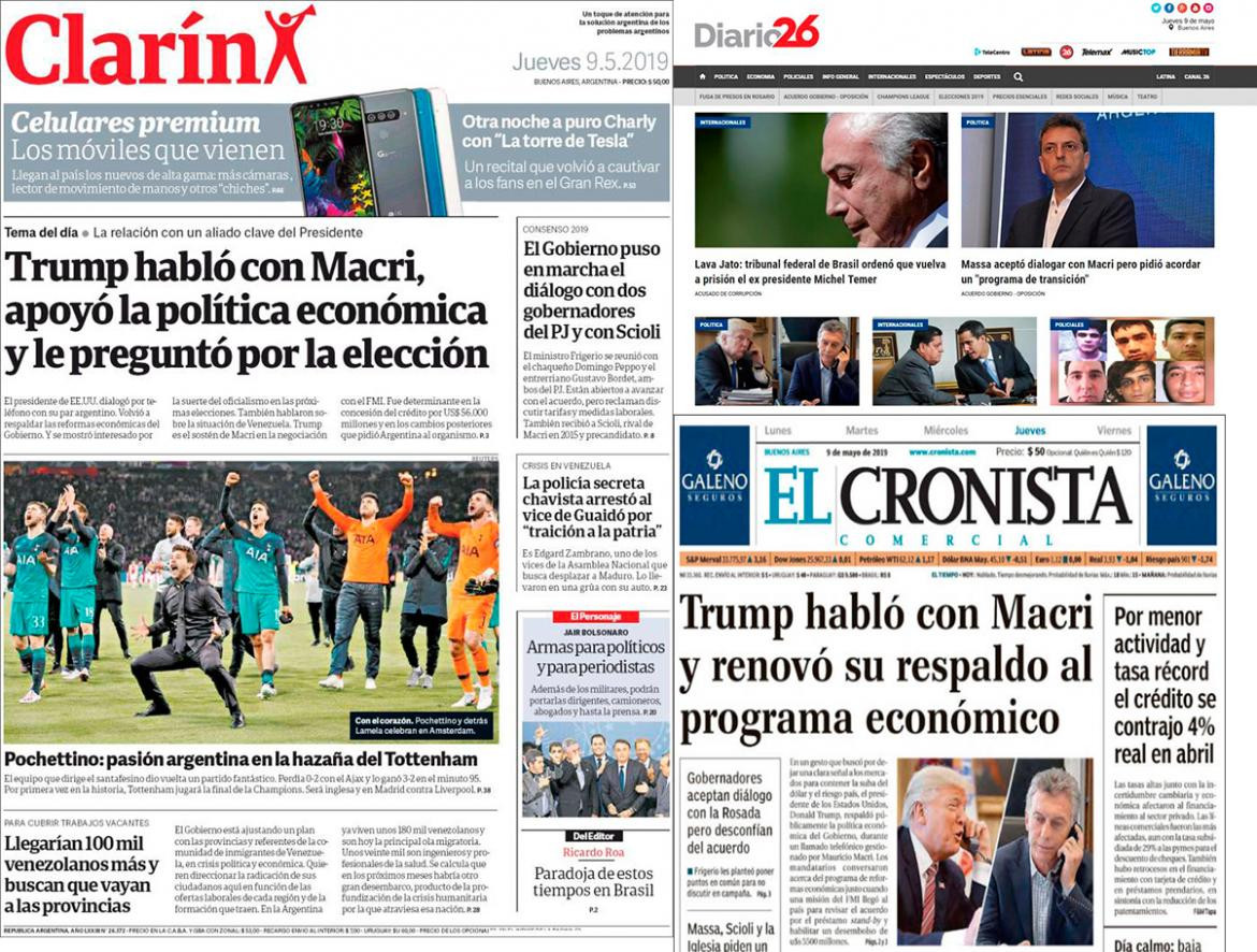 Tapas de diarios del 09-05-19 - Respaldo al llamado de Trump a Macri