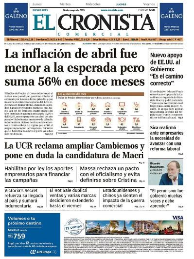 Tapas de Diarios - El Cronista jueves 16 mayo 2019