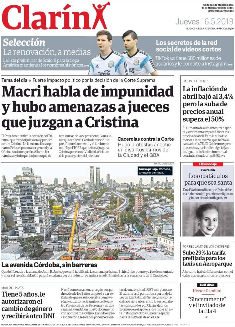 Tapas de Diarios -Clarín jueves 16 mayo 2019