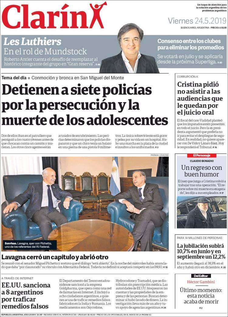 Tapas de diarios - Clarín viernes 24-05-19