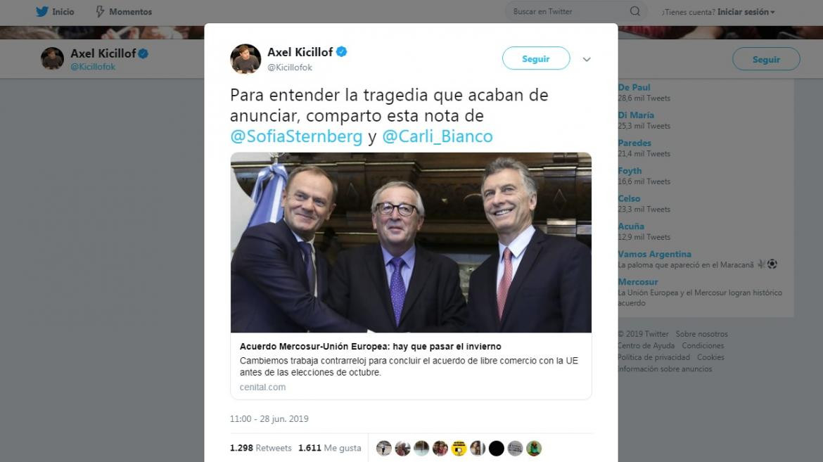 Kicillof posteo en Twitter por acuerdo Mercosur y Unión Europea