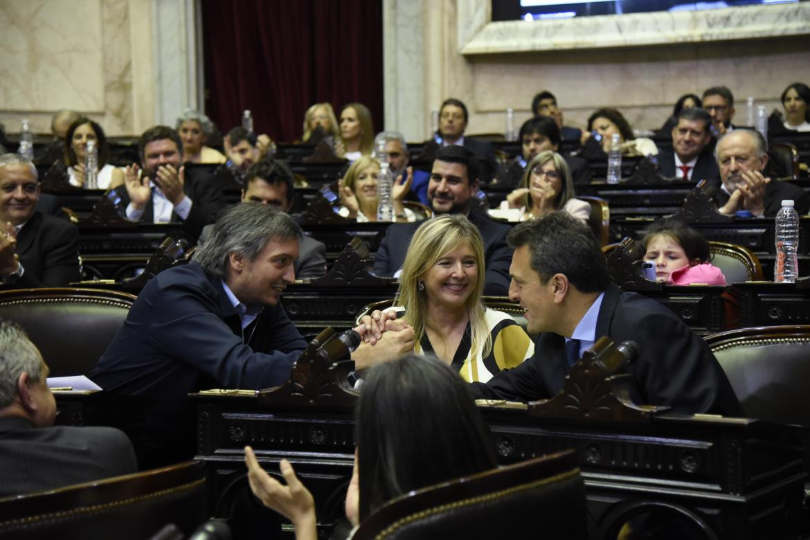 Sergio Massa, Maximo Kirchner y Maria Cristina Alvarez Rodriguez durante la sesion de jura de los nuevos legisladores y eleccion de autoridades de la camara baja, NA