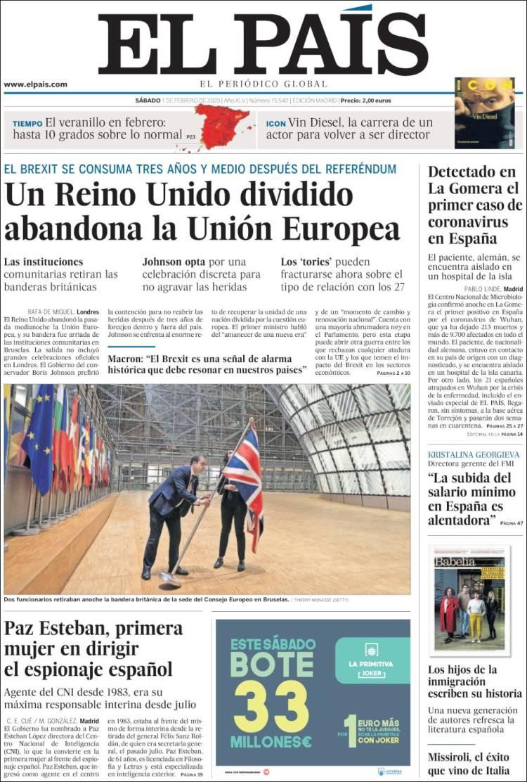 Tapas de diarios, El País, sábado 1 de febrero de 2020	