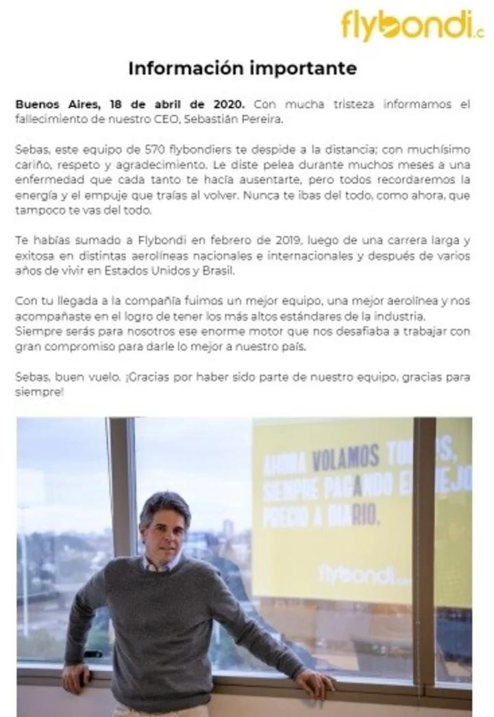 Flybondi, muerte de Sebastián Pereira, CEO, comunicado
