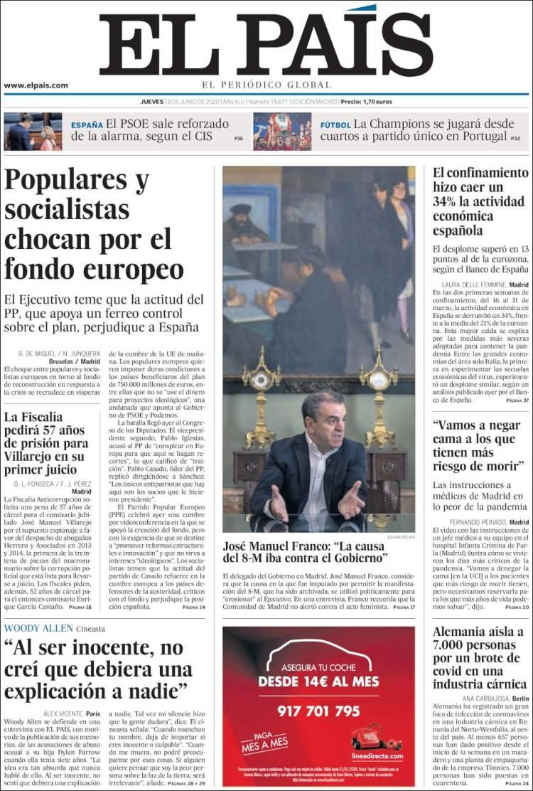 Tapas de diarios, El País, jueves 18 de junio de 2020