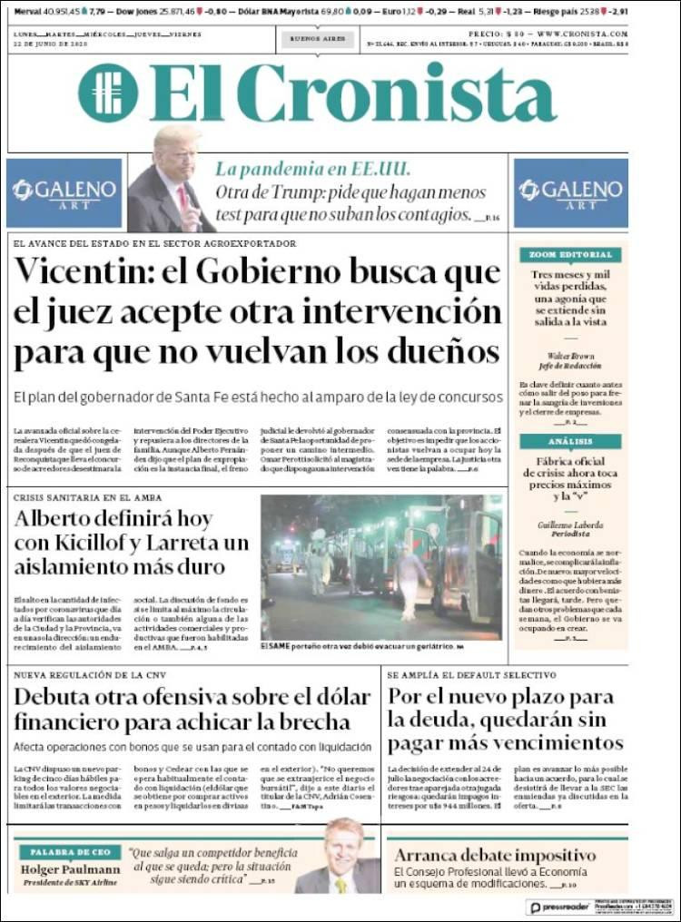 Tapas de diarios, El Cronista, lunes 22 de junio de 2020