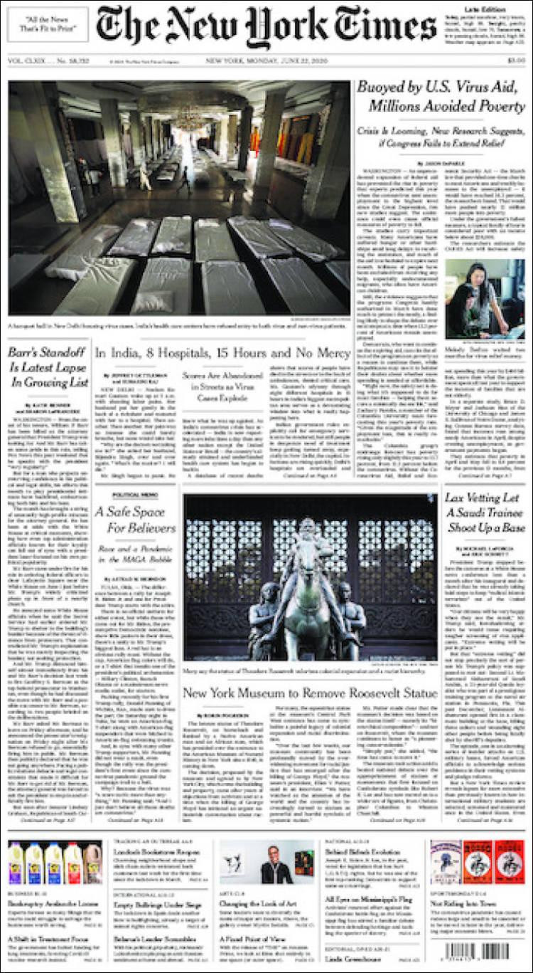 Tapas de diarios, The New York Times de EE.UU,, lunes 22 de junio de 2020