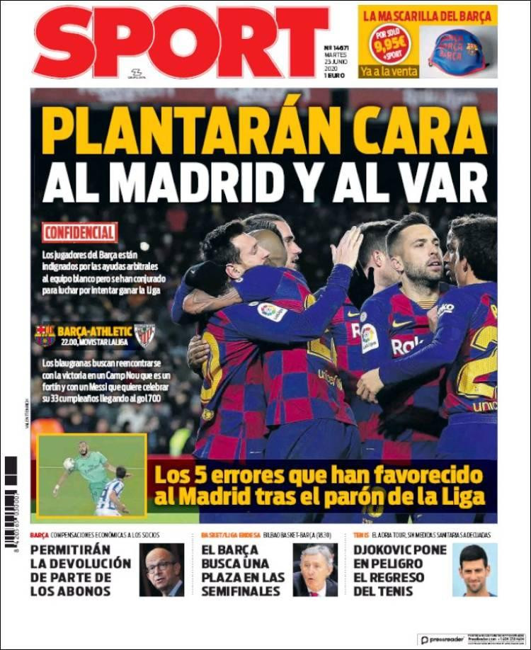 Tapas de diarios, Sport de España, martes 23 de junio de 2020