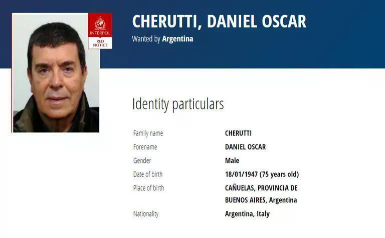 Pedido de detención de Interpol para Daniel Cherutti. Foto: Interpol.
