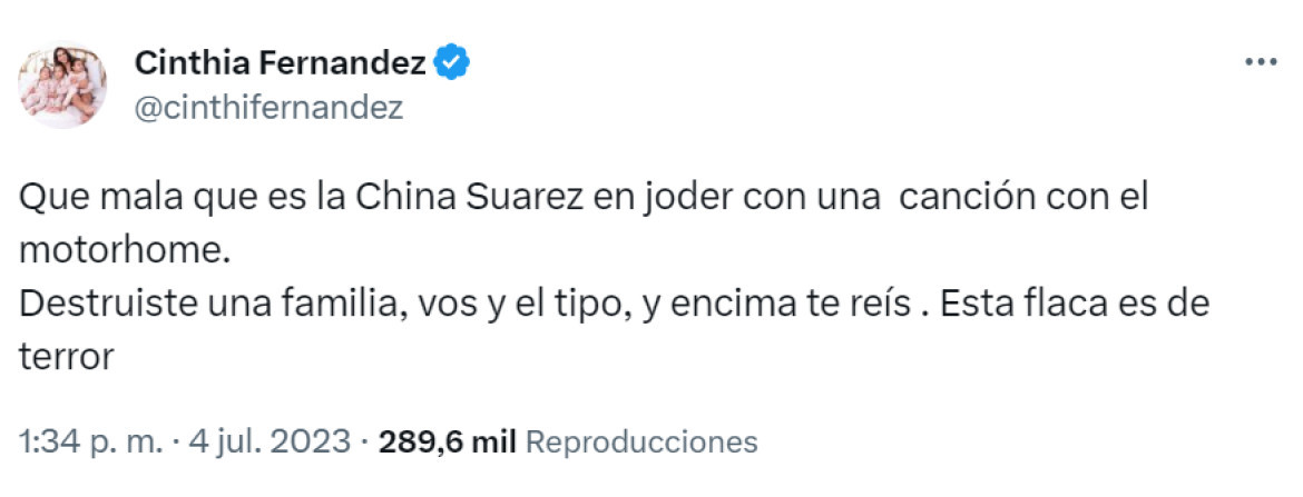 La reacción de Cinthia Fernández. Foto: Twitter.