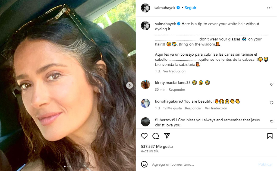 Salma Hayek y su posteo en Instagram acerca de su cabello. Foto: Instagram.