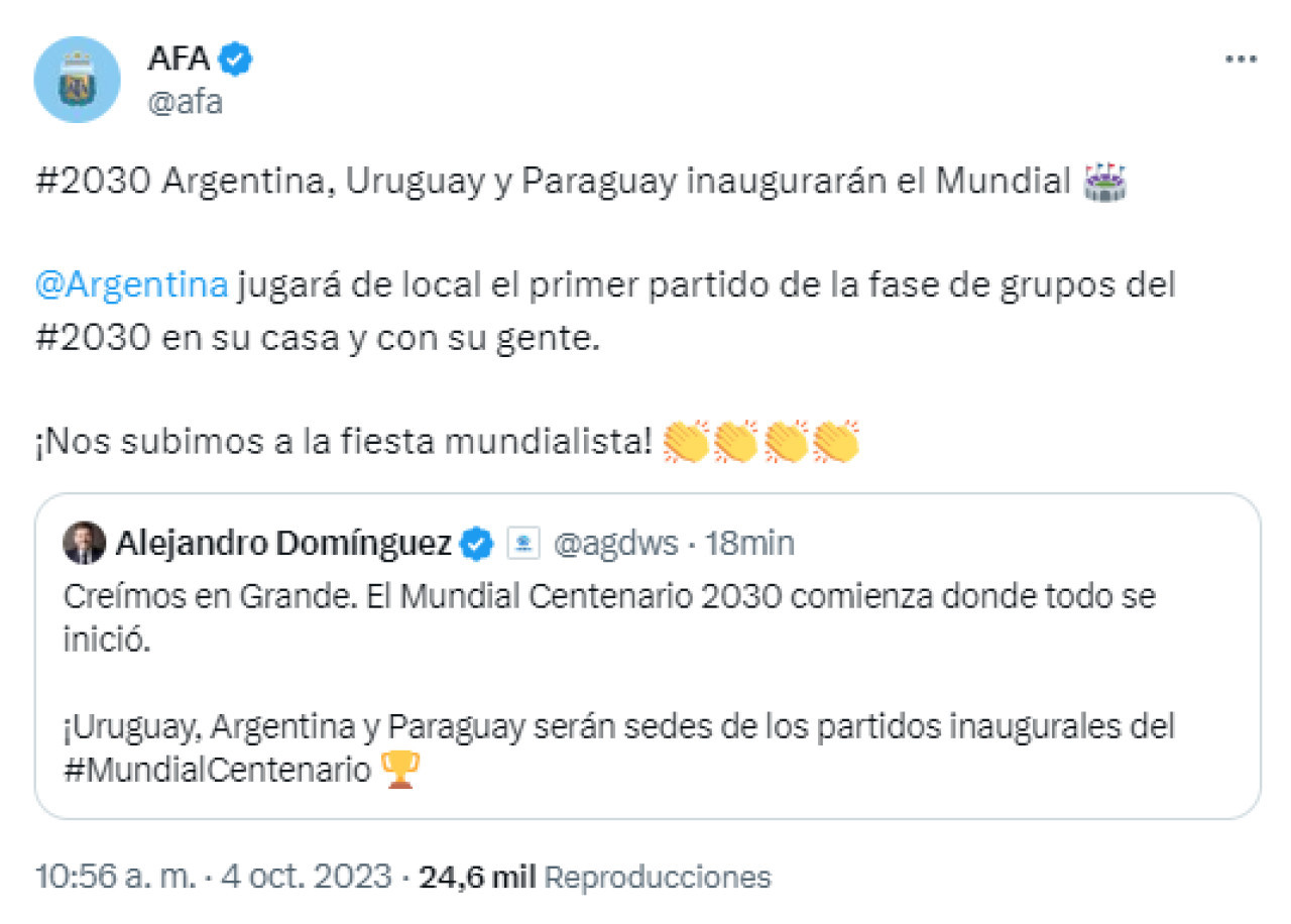 AFA anunció que Argentina jugará el primer partido de la fase de grupos del Mundial 2030 como local. Foto: Twitter.