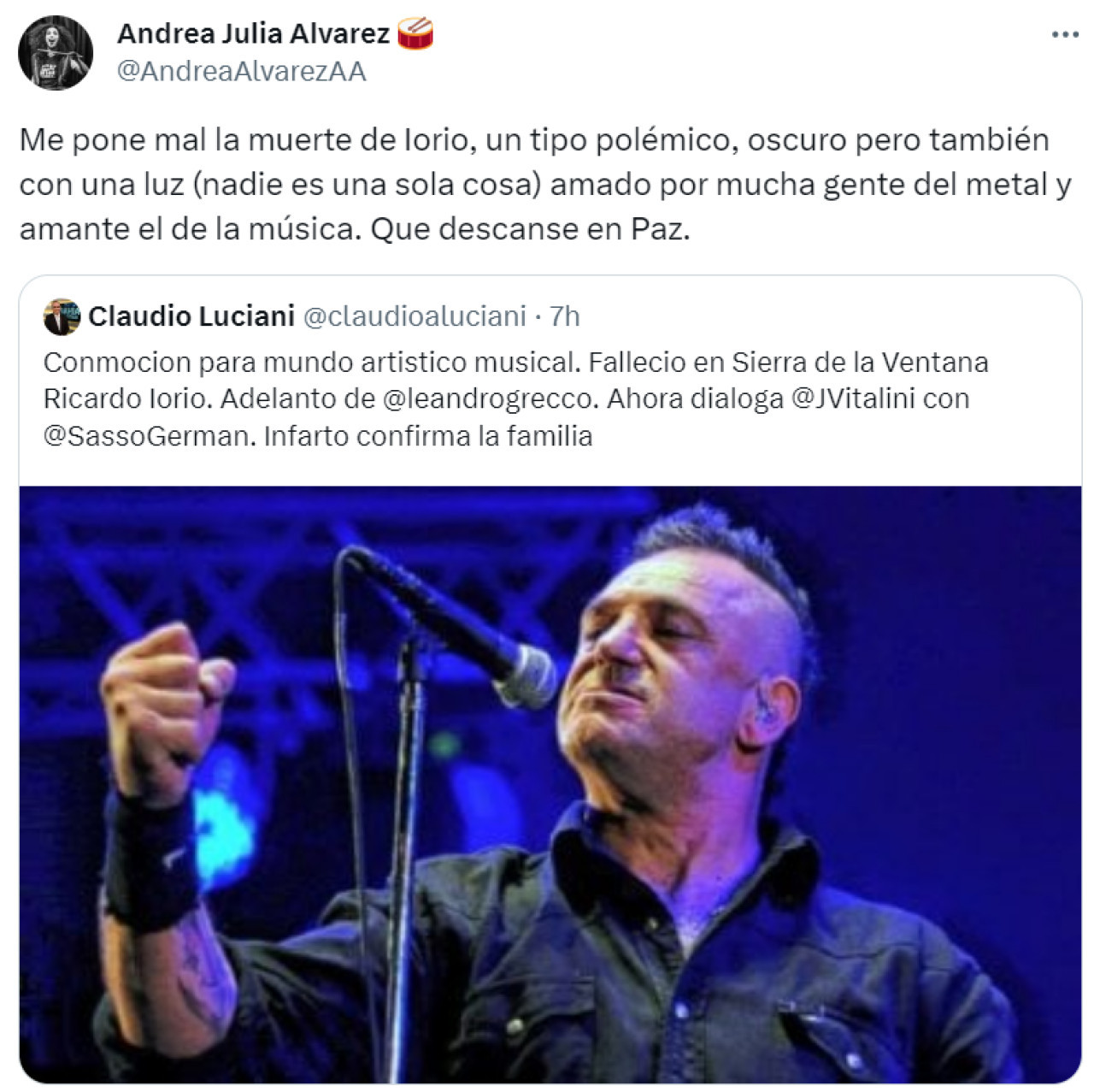 Andrea Álvarez, música y expercusionista de Soda Stereo. Foto: Twitter.
