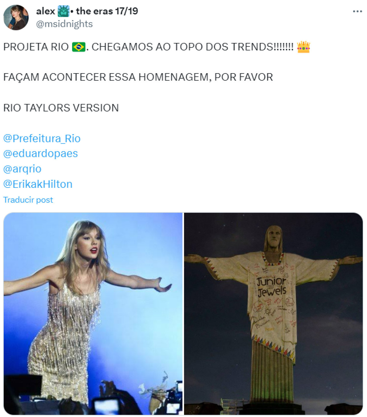 Las fans brasileras de Taylor quieren vestir al Cristo Redentor para recibirla. Foto: X.