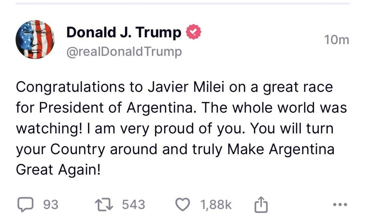 Donald Trump celebró el triunfo de Javier Milei. Foto: Truth Social.