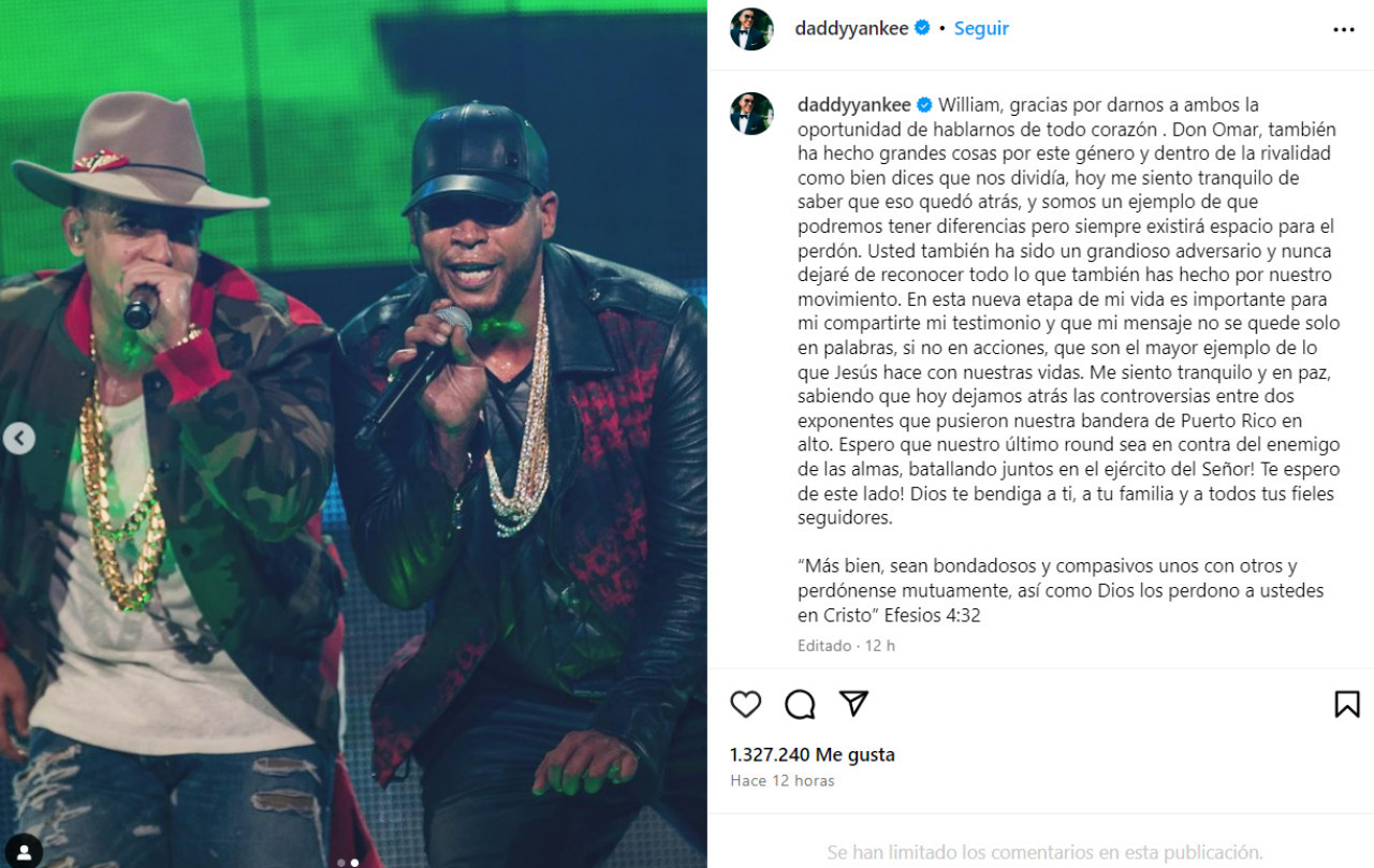 El posteo de Daddy Yankee dedicado a Don Omar