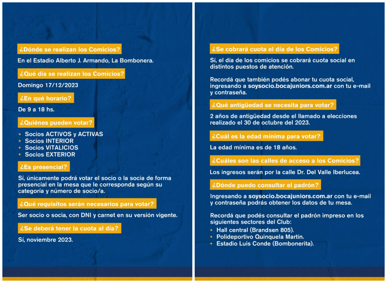 Preguntas frecuentes de las Elecciones en Boca. Foto: X @sociosbocajrs.