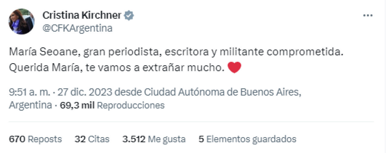 El recuerdo de Cristina Kirchner a María Seoane. Foto: Twitter.