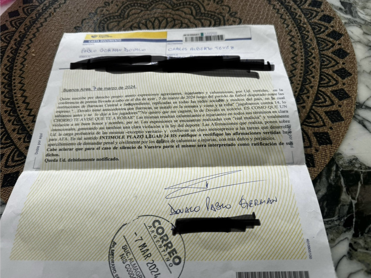 La carta documento que recibió Tévez. Foto: X @__CarlitosTevez