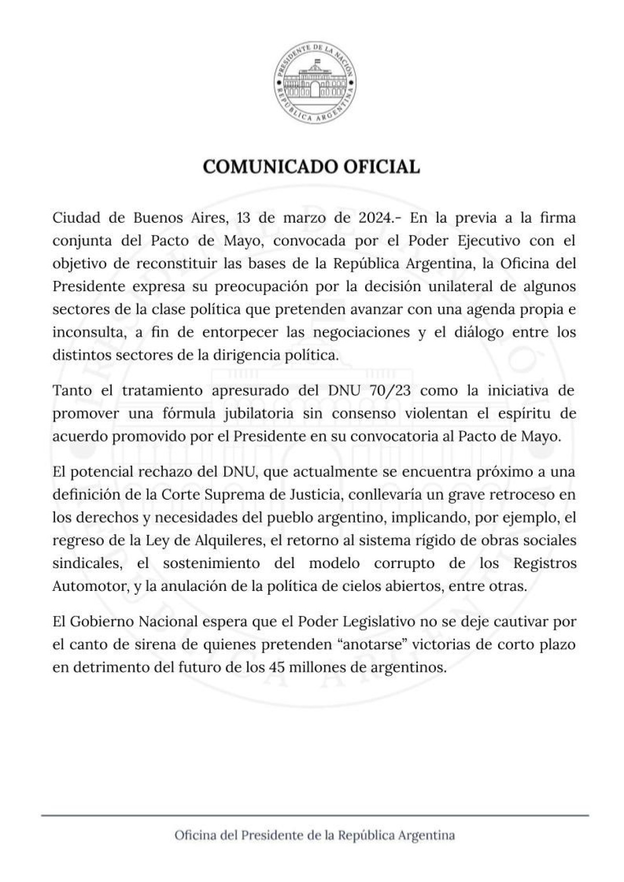Comunicado del gobierno de Javier Milei en la previa al debate en el Senado por el DNU - Parte 1. Foto: @OPRArgentina.