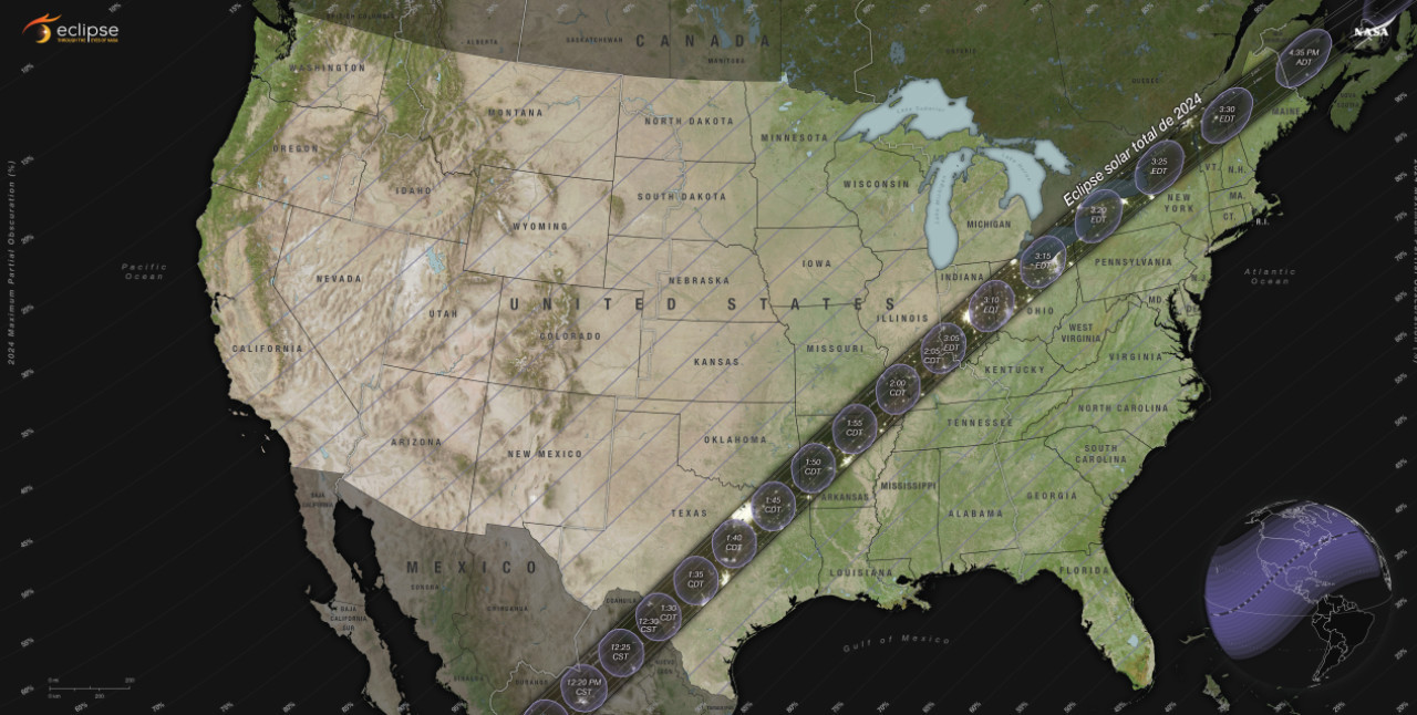 Mapa de la NASA que muestra el recorrido del eclipse del 8 de abril de 2024. Foto: NASA.