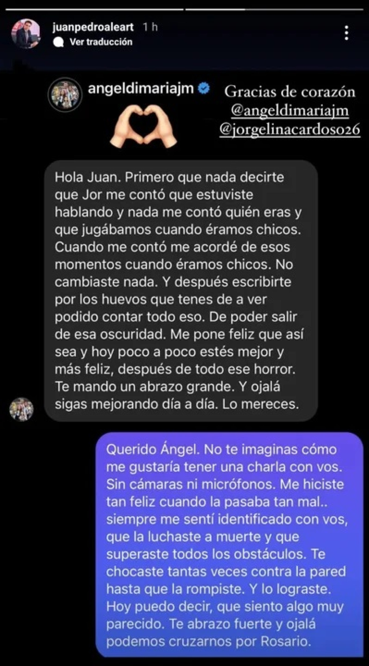 Mensaje de Ángel Di María a Juan Aleart, periodista que denunció abusos de su padre y su tío. Foto: NA.