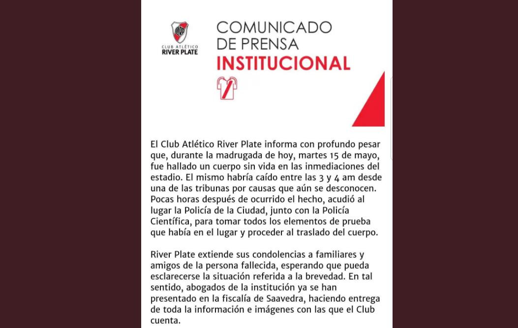 Comunicado de River Plate por hombre muerto en el estadio Monumental