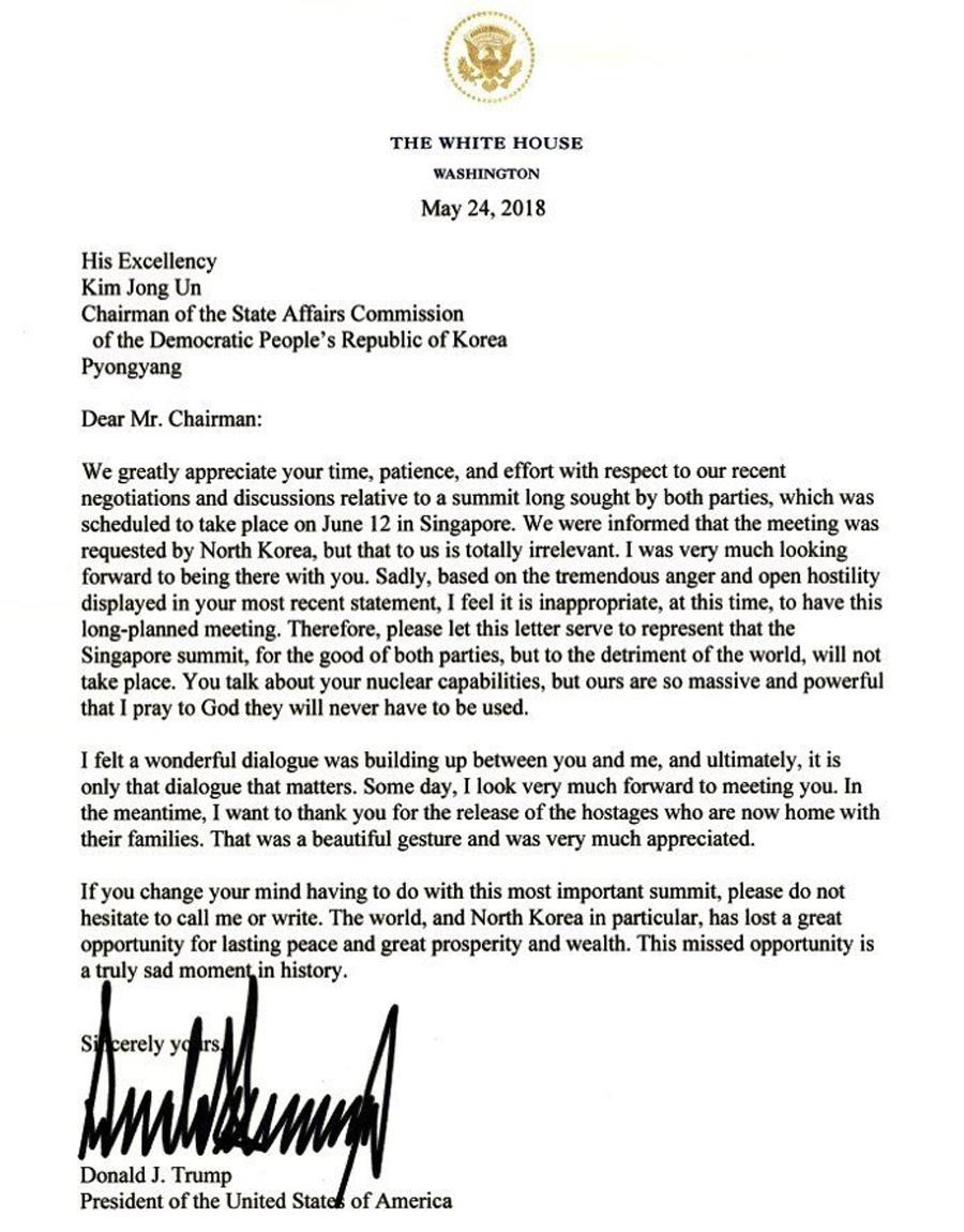 Carta de Donald Trump a Kim Jong-un - Reunión cancelada - Estados Unidos - Corea del Norte
