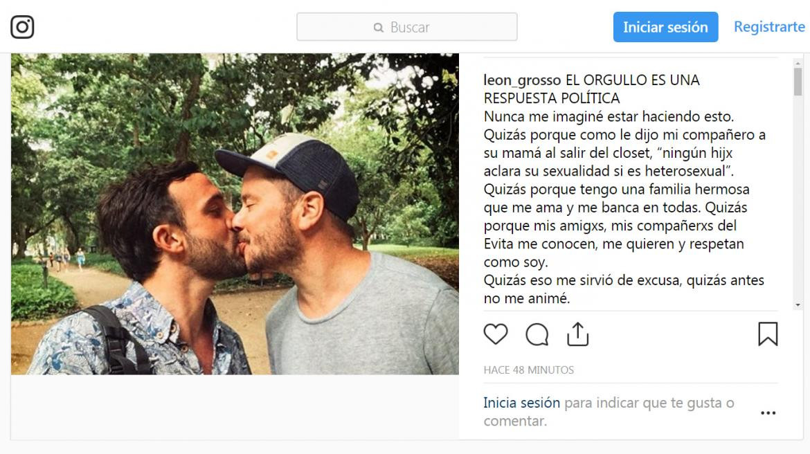 Posteo de Leonardo Grosso sobre su sexualidad en Instagram