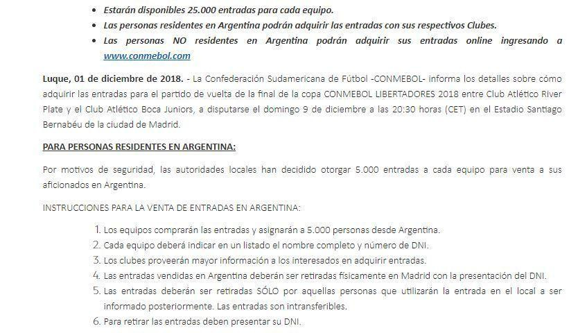 Anuncio de Conmebol sobre venta de entradas para Superfinal en Madrid - Parte 1