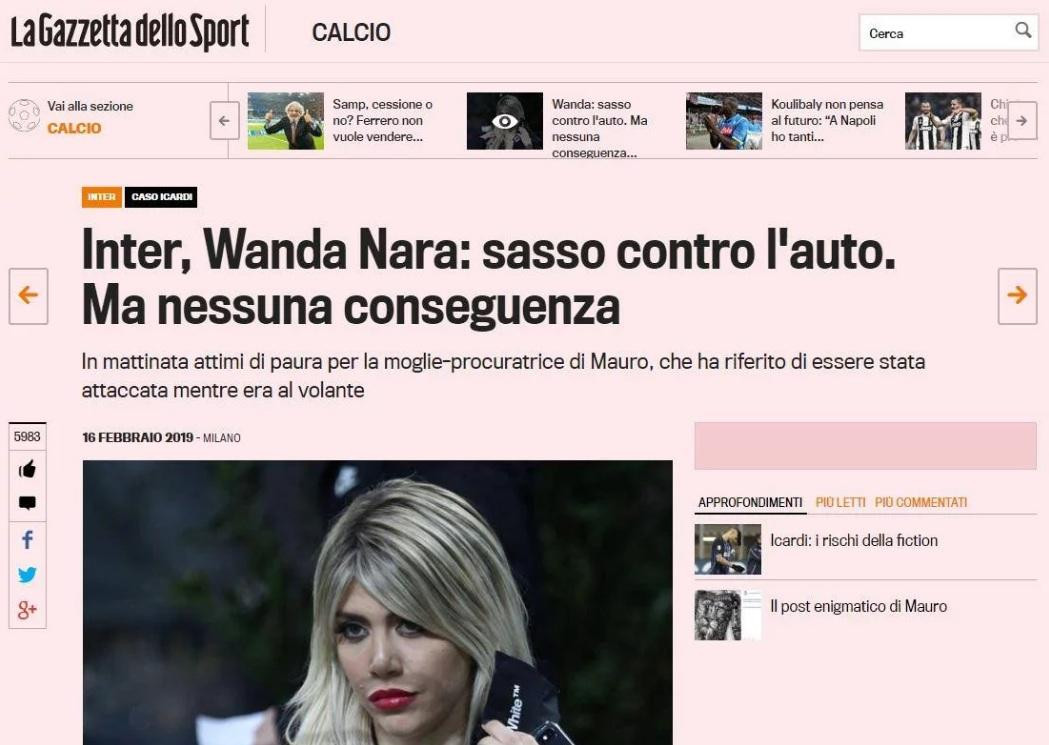 Diario italiano sobre piedrazos al auto de Wanda Nara