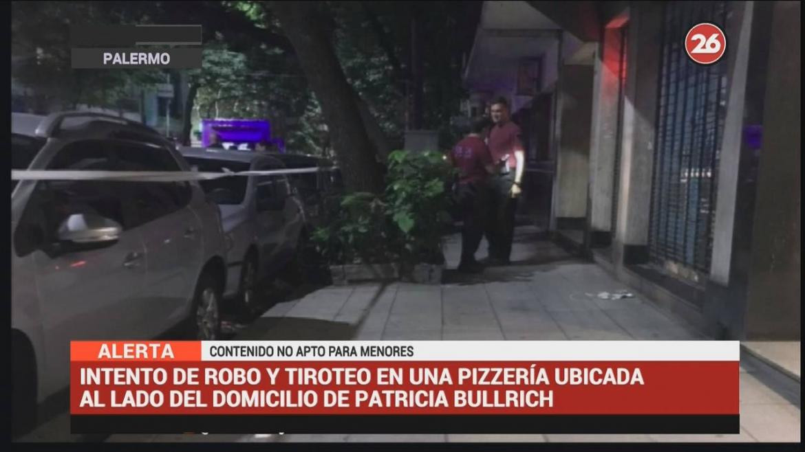 Intento de robo y tiroteo en pizzeria que está al lado de casa de Patricia Bullrich (Canal 26)