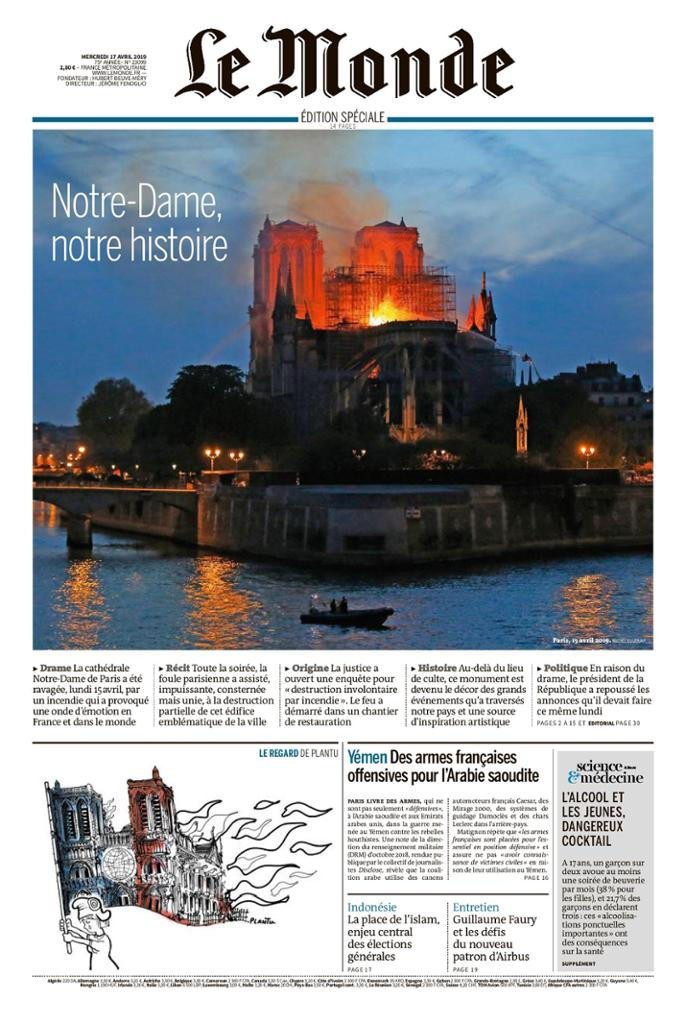 Tapas de diarios de Francia, Notre Dame, Le Monde Edición Especial