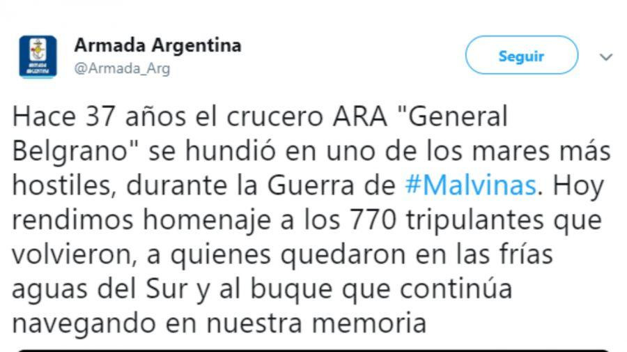 Tuit de la Armada Argentina sobre hundimiento del ARA General Belgrano