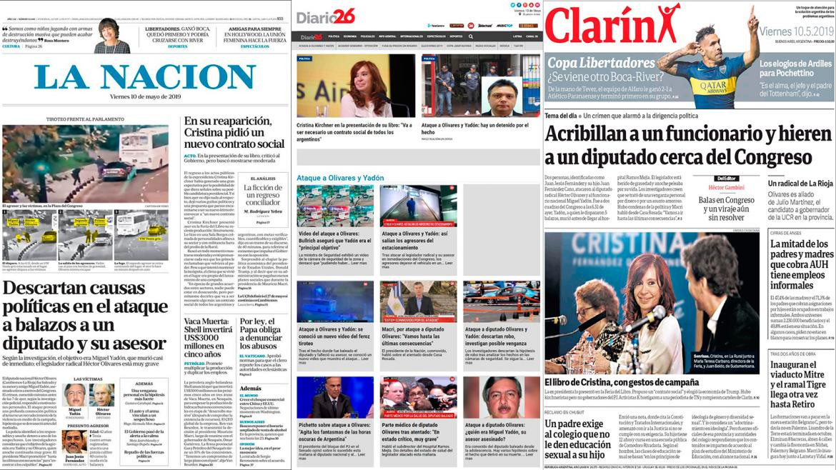 Tapas de diarios del 10-05-19 - Presentación del libro de Cristina Kirchner y ataque a Olivares y Yadon