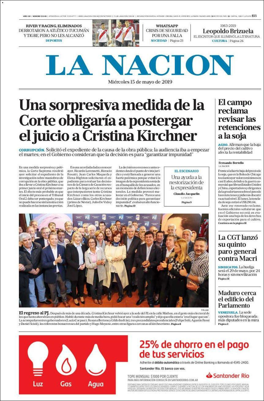 Tapas de diarios - La Nación Miercoles 15-05-19