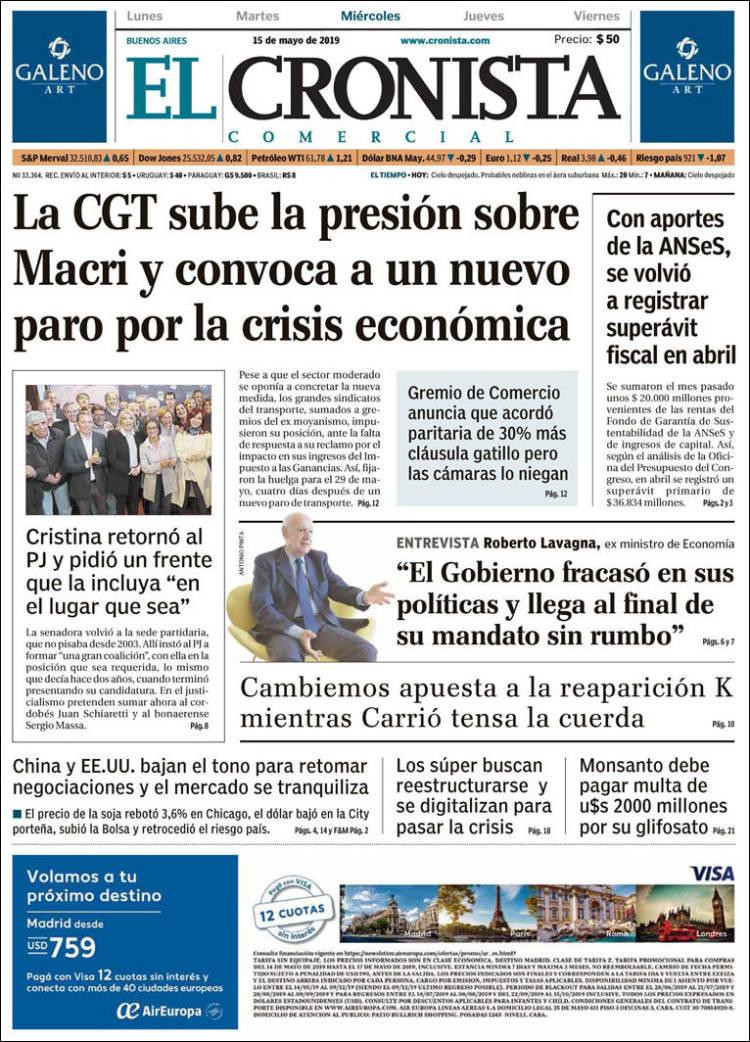 Tapas de diarios - El Cronista Miercoles 15-05-19