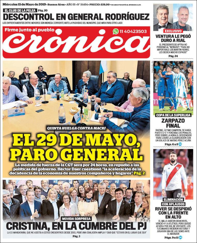 Tapas de diarios - Crónica Miercoles 15-05-19