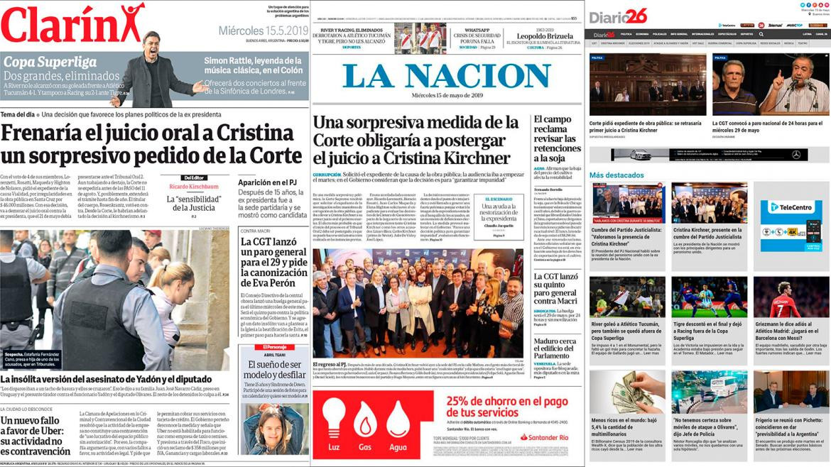 Portadas de Diarios Miércoles 15-05-19 - Fallo de la corte que postergaría juicio a Cristina Kirchner