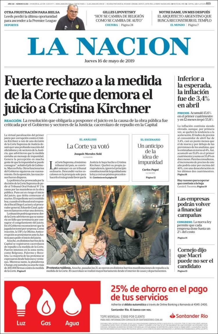 Tapas de Diarios - La Nación jueves 16 mayo 2019