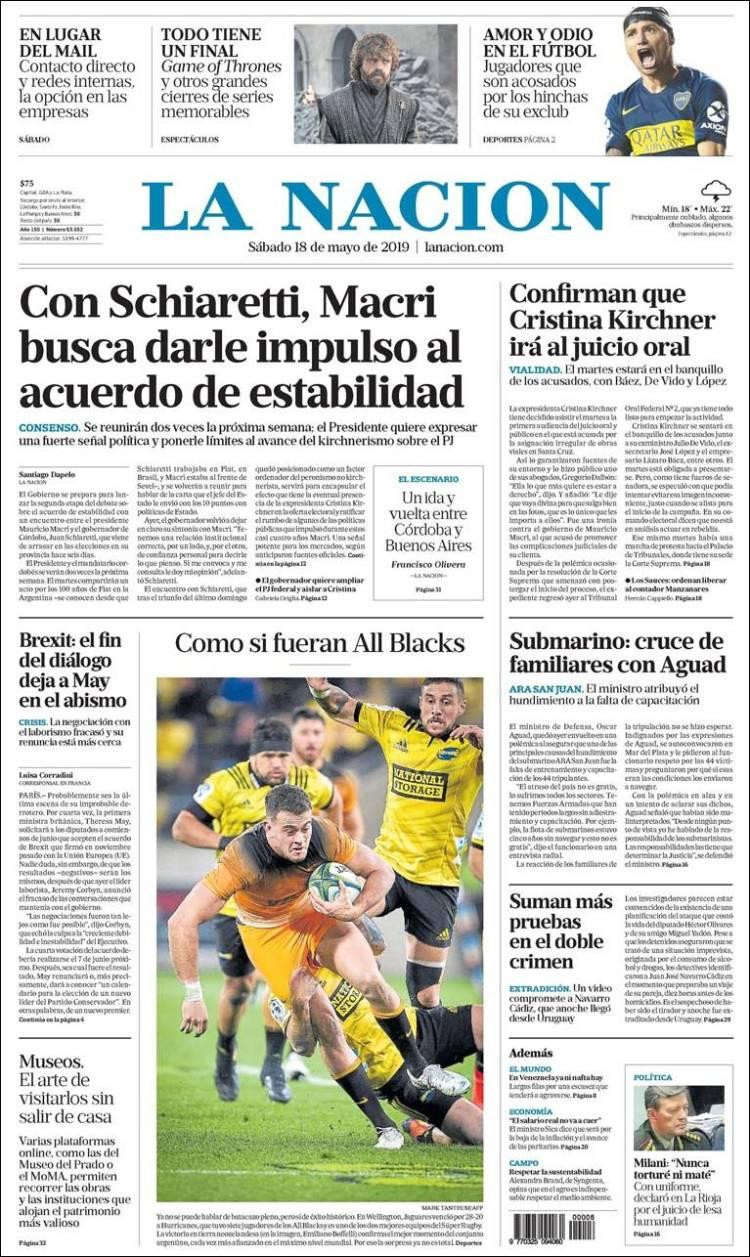 Tapas de diarios - La Nación sábado 18-05-19